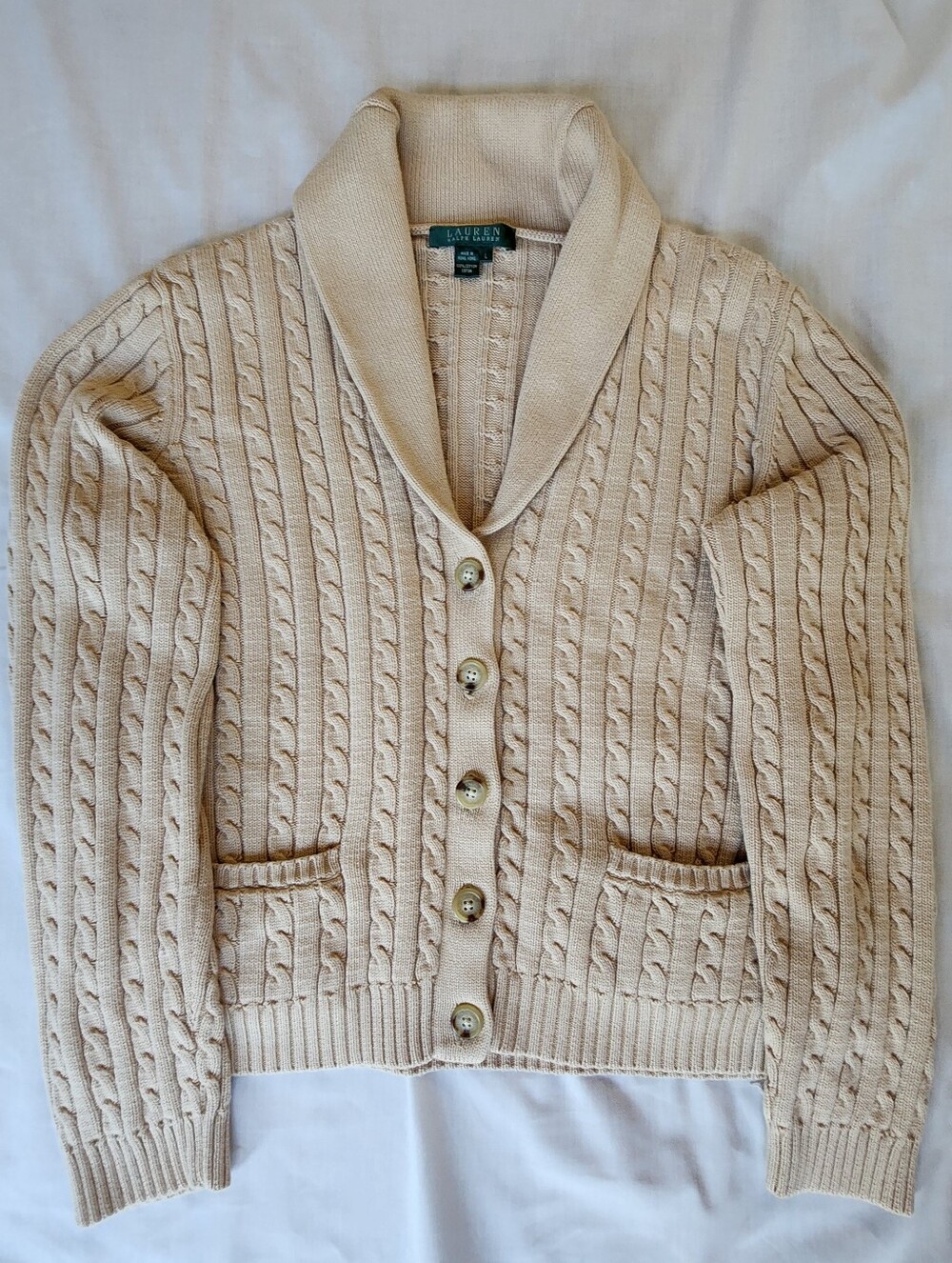 Lauren Ralph Lauren Cream Cable-Knit Shawl Collar Cardigan